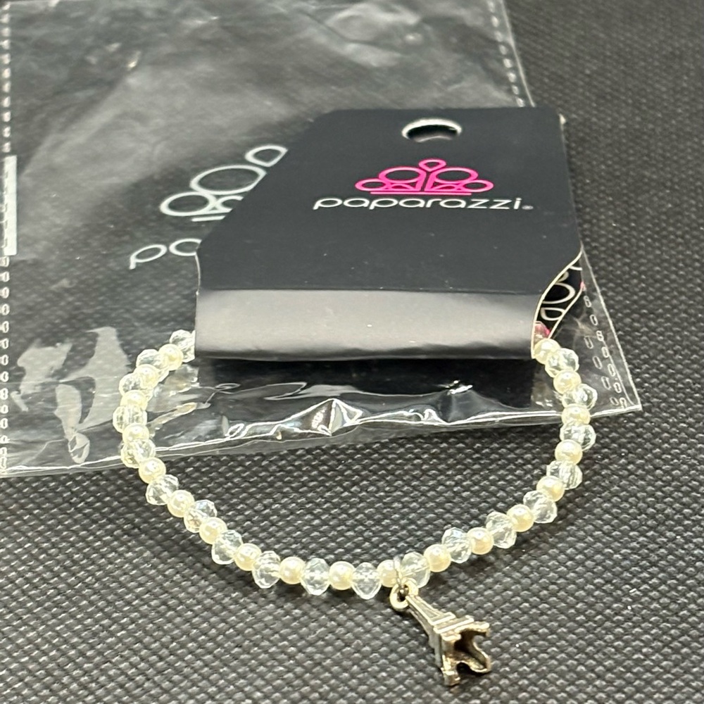 Paparazzi Ivory and Clear Beaded Bracelet with Eiffel Tower Charm
